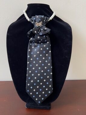 Upcycled Silk Necktie, Black With Blue/White Polka Dots, Rhinestone Butterfly Br